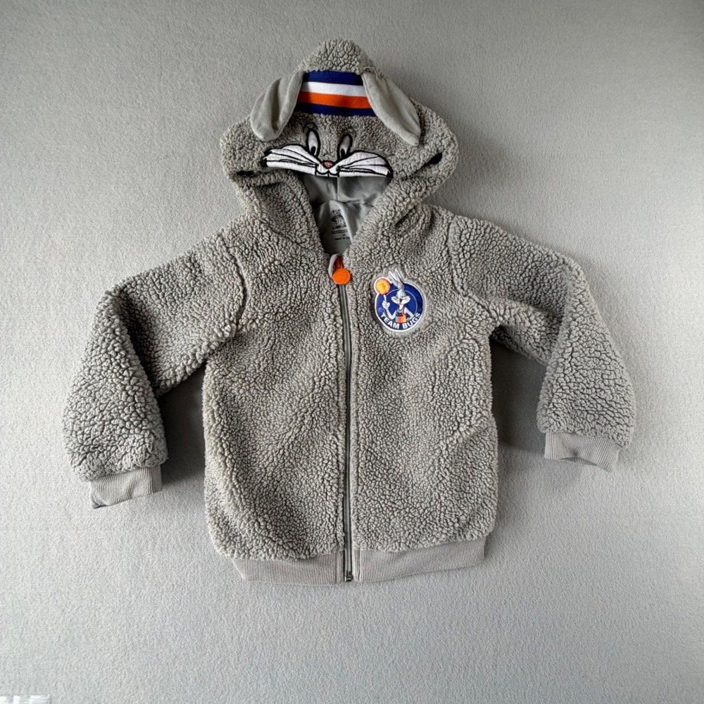 Space Jam Jacket Toddler 4T Gray Sherpa Fleece Hooded‎ Zip Bugs Bunny Kids Coat